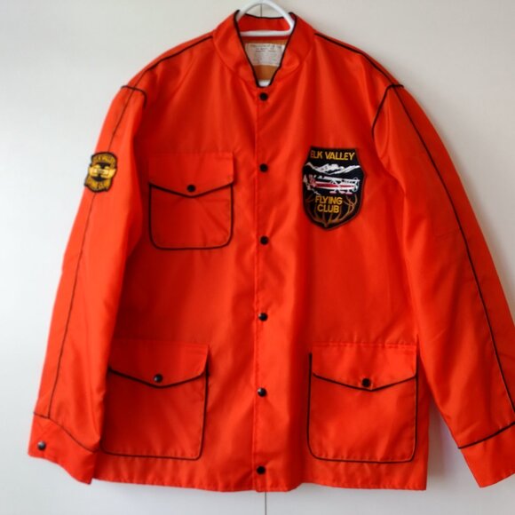 Vintage Elk Valley Flying Club Nylon Snap Jacket 52" Chest Orange - Picture 9 of 9